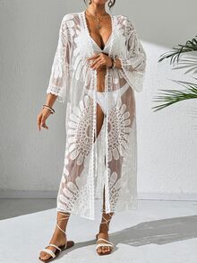 SHEIN Swim Women's Resort Floral Printed Sheer Kimono Cover Up With Drop Shoulder For Summer Beach Vacation - White - View 4