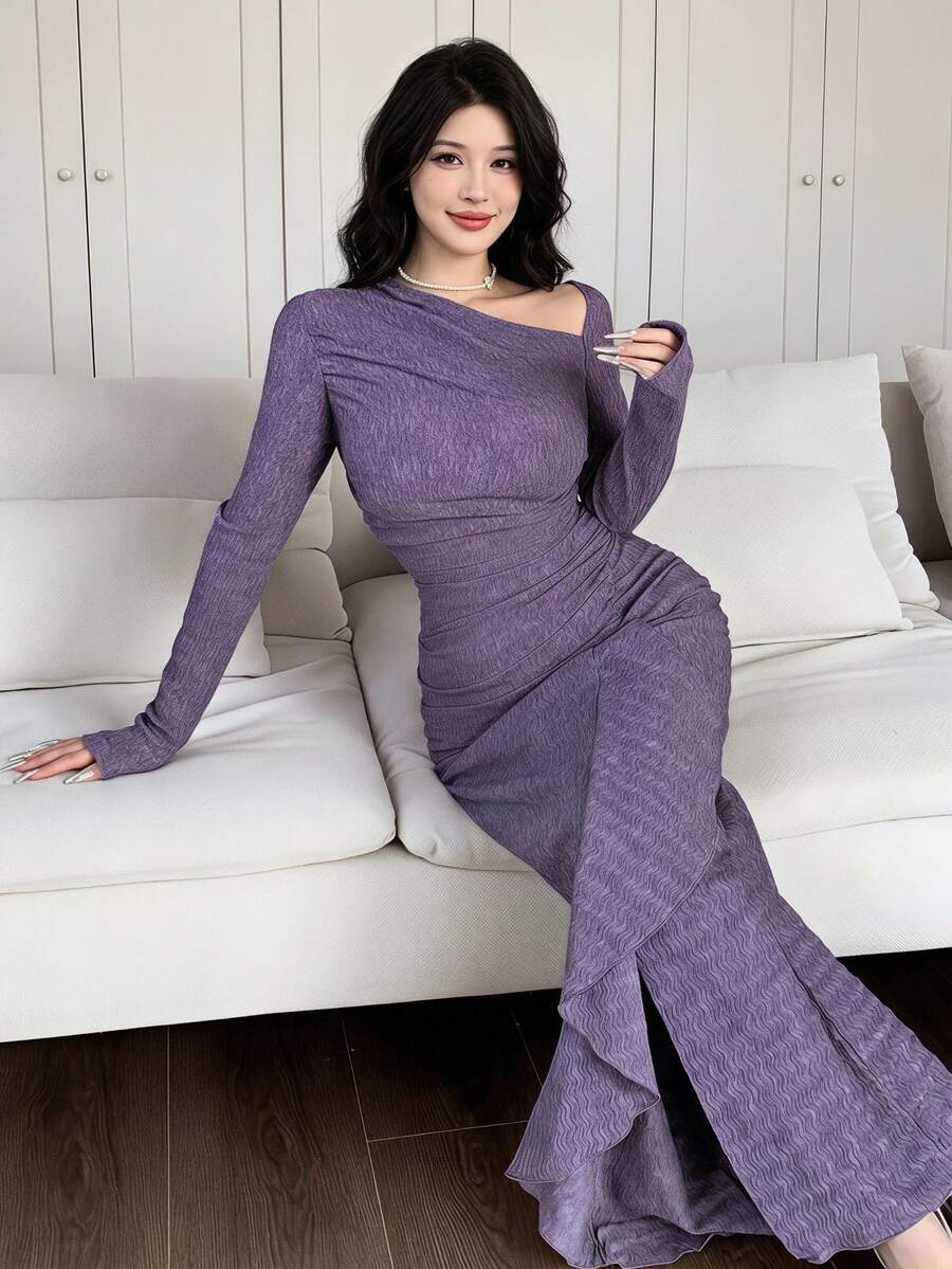 Feyla Women's Asymmetric Neck Long Sleeve Ruched Patchwork Flounce Hem Fitted Elegant Dress