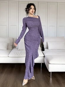 Feyla Women's Asymmetric Neck Long Sleeve Ruched Patchwork Flounce Hem Fitted Elegant Dress - Purple - View 5