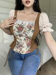 Feyla Women's Casual Cottagecore Simple Short Sleeve Shirt, Suitable For Summer Vacation Brown Floral - Multicolor - View 3