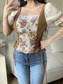 Feyla Women's Casual Cottagecore Simple Short Sleeve Shirt, Suitable For Summer Vacation Brown Floral - Multicolor - View 5