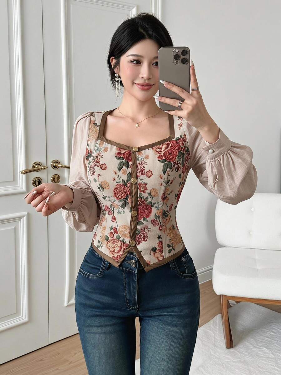 Feyla New Vintage Style Contrast Color Mixed Fabric Patchwork Retro Print Daily Versatile Waist-Cinched Slimming Party Vacation Blouse