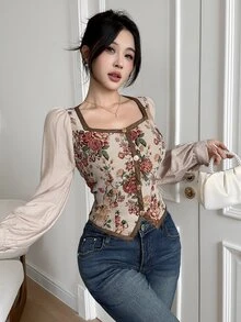 Feyla New Vintage Style Contrast Color Mixed Fabric Patchwork Retro Print Daily Versatile Waist-Cinched Slimming Party Vacation Blouse - Multicolor - View 7