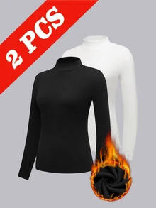 RosyDaze Women's Minimalist Modest Thermal Base Layer T-Shirt 2-Pack (White And Black)-Elegant For Everyday Wear; Suitable For Autumn And Winter. - Black and White - View 3