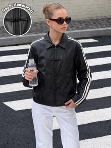 SHEIN Teen Girls Jacket, Black PU, Casual Fit, Warm For Autumn/Winter, Fashionable & Versatile, Autumn, Fall, Fleece Lined, Winter, Street Style, Solid Color, Zipper, Hooded, Daily Wear - Black - View 5