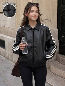 SHEIN Teen Girls Jacket, Black PU, Casual Fit, Warm For Autumn/Winter, Fashionable & Versatile, Autumn, Fall, Fleece Lined, Winter, Street Style, Solid Color, Zipper, Hooded, Daily Wear - Black - View 4