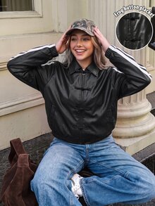 SHEIN Teen Girls Jacket, Black PU, Casual Fit, Warm For Autumn/Winter, Fashionable & Versatile, Autumn, Fall, Fleece Lined, Winter, Street Style, Solid Color, Zipper, Hooded, Daily Wear - Black - View 7