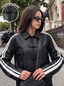 SHEIN Teen Girls Jacket, Black PU, Casual Fit, Warm For Autumn/Winter, Fashionable & Versatile, Autumn, Fall, Fleece Lined, Winter, Street Style, Solid Color, Zipper, Hooded, Daily Wear - Black - View 2