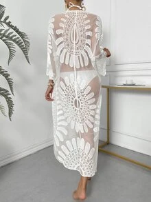 SHEIN Swim Women Summer Beach Semi-Sheer Flower Embroidery Kimono - White - View 2