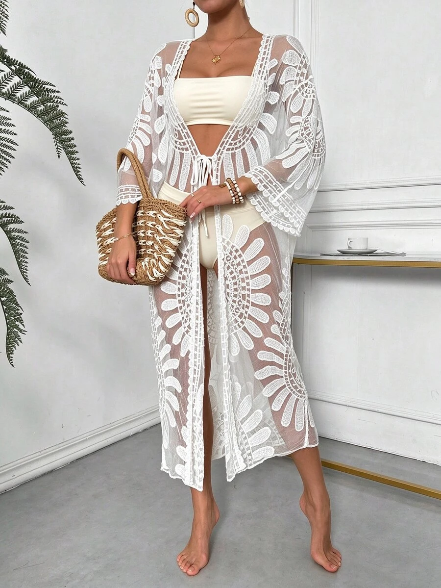 SHEIN Swim Women Summer Beach Semi-Sheer Flower Embroidery Kimono - White - View 1
