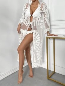 SHEIN Swim Women Summer Beach Semi-Sheer Flower Embroidery Kimono - White - View 6