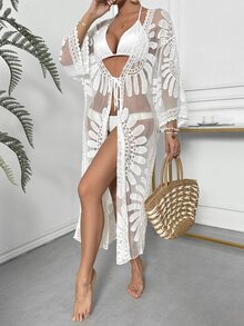 SHEIN Swim Women Summer Beach Semi-Sheer Flower Embroidery Kimono - White - View 4