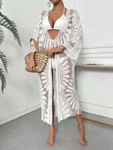 SHEIN Swim Women Summer Beach Semi-Sheer Flower Embroidery Kimono - White - View 3