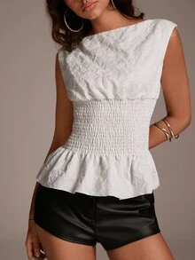 TRNVIE Women's Elegant Jacquard Fabric Ruffle Hem Tank Top, Summer - White - View 7