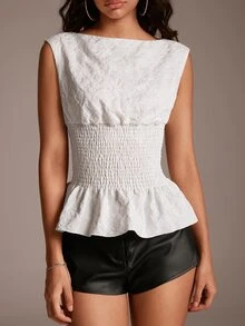 TRNVIE Women's Elegant Jacquard Fabric Ruffle Hem Tank Top, Summer - White - View 3
