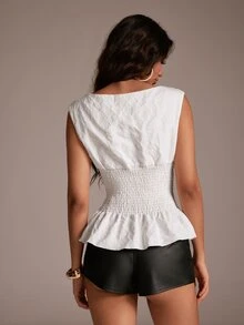 TRNVIE Women's Elegant Jacquard Fabric Ruffle Hem Tank Top, Summer - White - View 2
