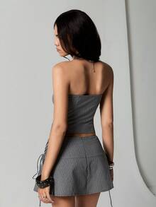 TRNVIE 2pcs Women's Suit Set, Deep Gray, Commute, Afternoon Tea, Meeting, Deep V Neck, Tie Cord Design, Striped Campus Style, Casual, Minimalist, Versatile - Dark Grey - View 2