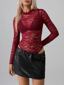 TRNVIE Ladies' Simple & Versatile Lace Bodysuit For Holiday Party Clothes Fall Cloth For Women - Burgundy - View 5