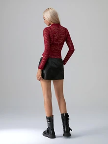 TRNVIE Ladies' Simple & Versatile Lace Bodysuit For Holiday Party Clothes Fall Cloth For Women - Burgundy - View 2