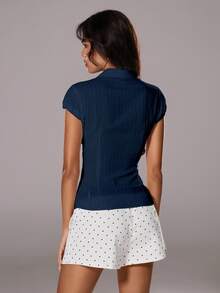 TRNVIE Summer White Textured Collared Fitted Slim Fit Chest Button Sexy Office Lady Cotton Striped Short Sleeve Shirt - Navy Blue - View 2