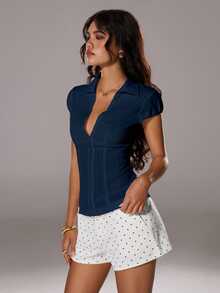 TRNVIE Summer White Textured Collared Fitted Slim Fit Chest Button Sexy Office Lady Cotton Striped Short Sleeve Shirt - Navy Blue - View 3