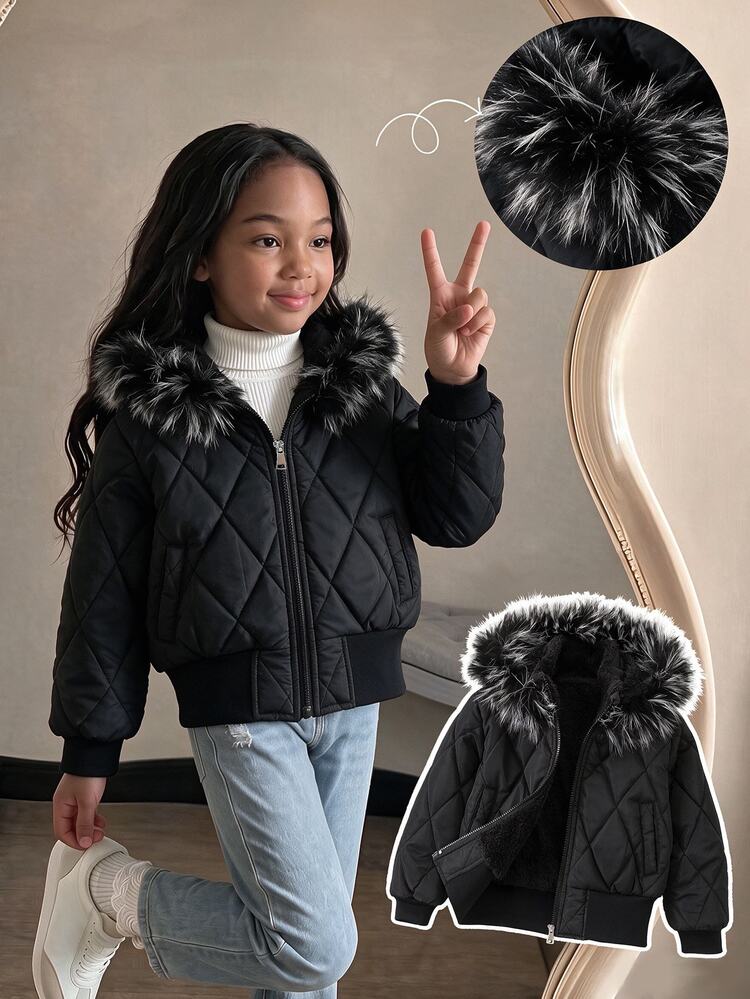 SHEIN Elladie kids معطف مبطن سميك بياقة فرو وأكمام مضلعة وخصر عالي وقصة ضيقة للفتيات الصغيرات، أسود مع بطانية رأس، ملابس خارجية كاجوال متعددة الاستخدامات لفصلي الخريف والشتاء - الأسود - مشاهدة 4