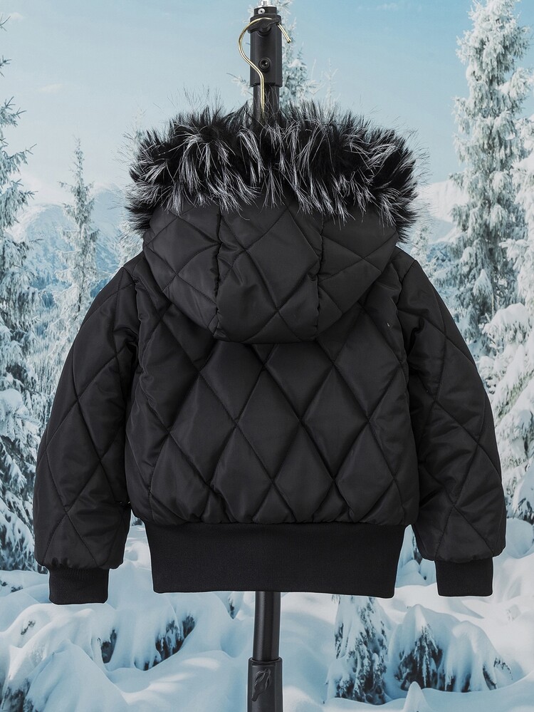 SHEIN Elladie kids معطف مبطن سميك بياقة فرو وأكمام مضلعة وخصر عالي وقصة ضيقة للفتيات الصغيرات، أسود مع بطانية رأس، ملابس خارجية كاجوال متعددة الاستخدامات لفصلي الخريف والشتاء - الأسود - مشاهدة 3
