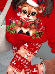 女童休閒聖誕可愛閱讀馴鹿圖案，聖誕費爾島圖案，聖誕紅圓領抓絨內裡長袖衛衣與內搭褲2件套，適合秋冬，聖誕套裝，秋季風格，可愛 - 彩色 - 查看 3