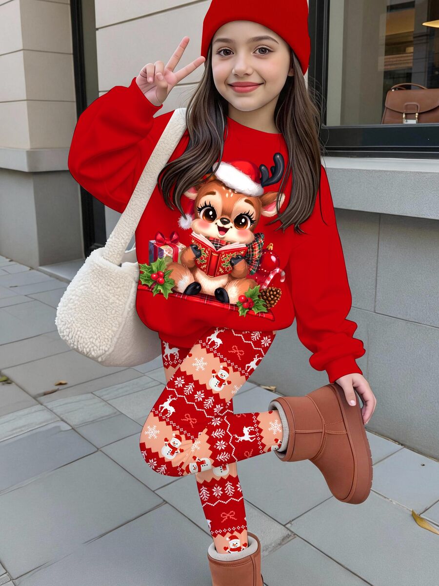 女童休閒聖誕可愛閱讀馴鹿圖案,聖誕費爾島圖案,聖誕紅圓領抓絨內裡長袖衛衣與內搭褲2件套,適合秋冬,聖誕套裝,秋季風格,可愛 - 彩色 - 查看 1