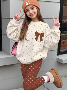 Tween女孩休閒可愛波點蝴蝶結、美拉德色調圓領長袖衛衣與內搭褲2件套，保暖內裡，舒適秋冬風格，復古、卡哇伊、隨性、時尚 - 彩色 - 查看 2