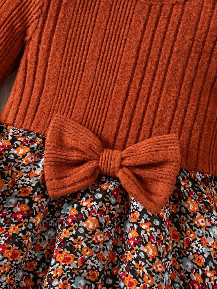 Emery Rose Kids Emery Rose Kids Young Girl Young Girl Young Girl Young Girl Floral Patchwork Bowknot Decor Dress Brown Dress Yellow Dress Fall Style Fall Dress - Orange - View 8