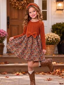 Emery Rose Kids Emery Rose Kids 女童花朵拼接蝴蝶結裝飾洋裝 棕色洋裝 黃色洋裝 秋季風格秋季洋裝 - 橘色 - 查看 2