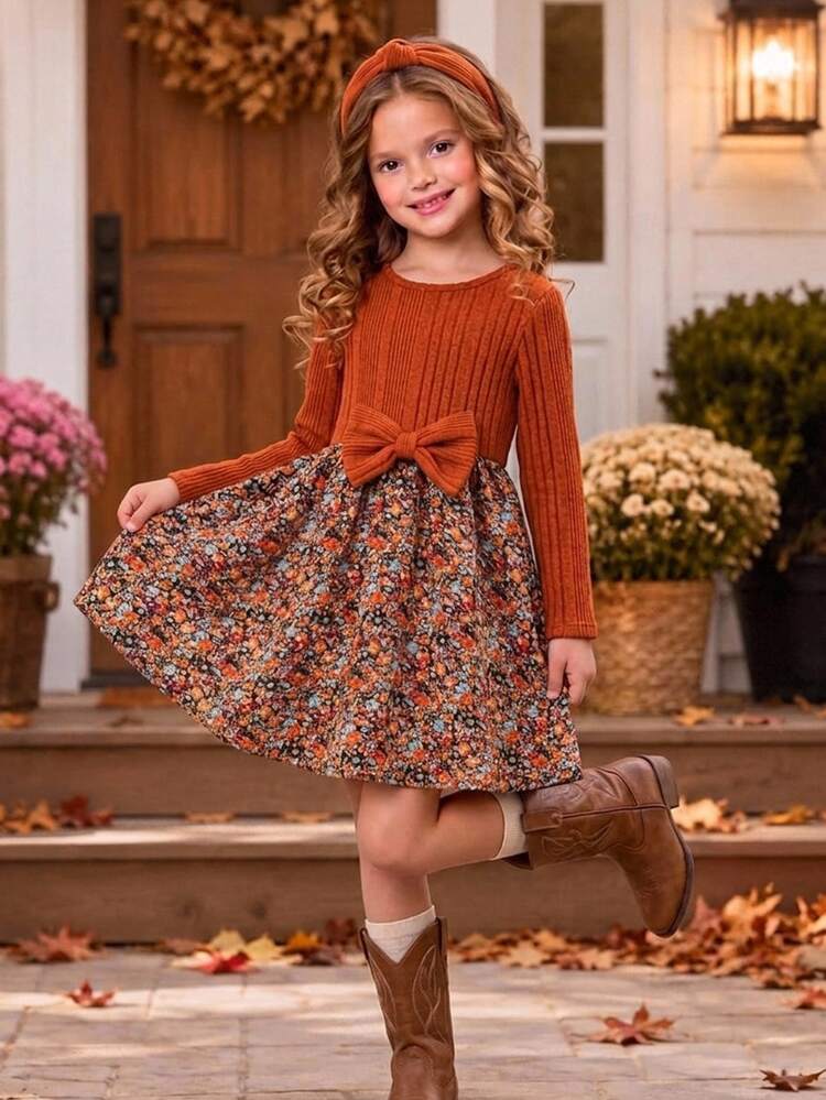 Emery Rose Kids Emery Rose Kids Young Girl Young Girl Young Girl Young Girl Floral Patchwork Bowknot Decor Dress Brown Dress Yellow Dress Fall Style Fall Dress - Orange - View 2