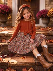 Emery Rose Kids Emery Rose Kids 女童花朵拼接蝴蝶結裝飾洋裝 棕色洋裝 黃色洋裝 秋季風格秋季洋裝 - 橘色 - 查看 1