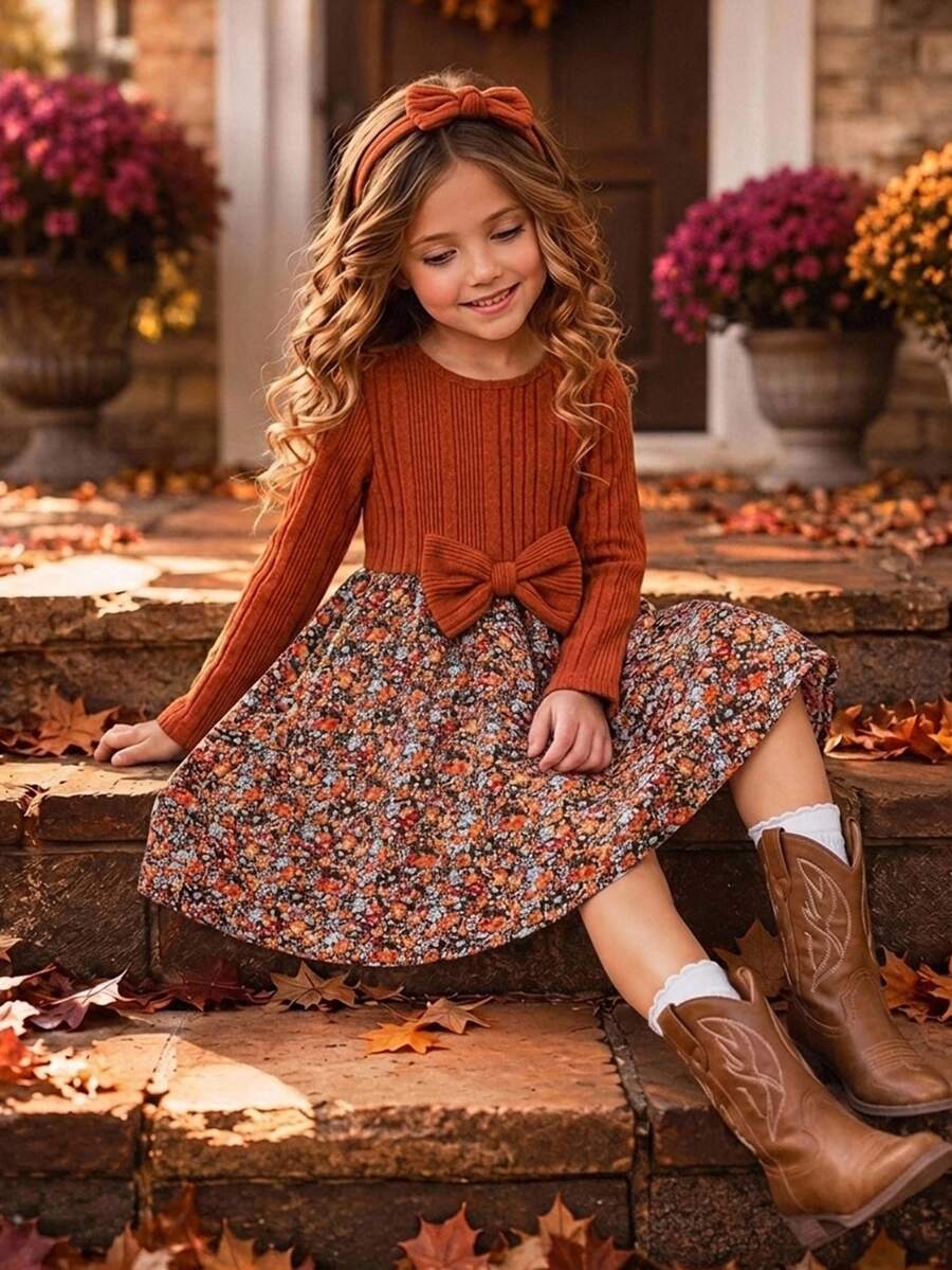 Emery Rose Kids Emery Rose Kids 女童花朵拼接蝴蝶結裝飾洋裝 棕色洋裝 黃色洋裝 秋季風格秋季洋裝 - 橘色 - 查看 1