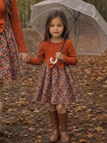 Emery Rose Kids Emery Rose Kids 女童花朵拼接蝴蝶結裝飾洋裝 棕色洋裝 黃色洋裝 秋季風格秋季洋裝 - 橘色 - 查看 5