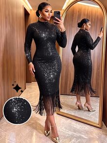 SHEIN Lady CURVE Plus Size Sexy Glitter Ruched Tassel Decor Dress Night Out Chic Luxury Party Dress Party Disco Prom Dress Wedding Guest Halloween New Year Dress Fall - Black - View 3