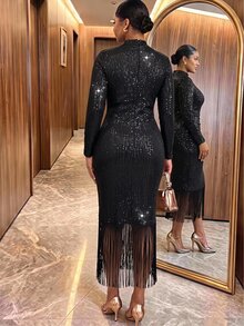 SHEIN Lady CURVE Plus Size Sexy Glitter Ruched Tassel Decor Dress Night Out Chic Luxury Party Dress Party Disco Prom Dress Wedding Guest Halloween New Year Dress Fall - Black - View 2