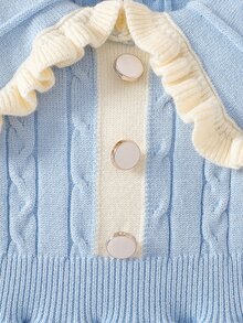 SHEIN 女婴甜美针织连衣裙 - 荷叶边领口，长袖，百搭公主风，适合秋冬季穿着。女婴针织连衣裙，女婴毛衣连衣裙，女婴冬季连衣裙，女婴蓝色连衣裙 - 藍色 - 查看 6