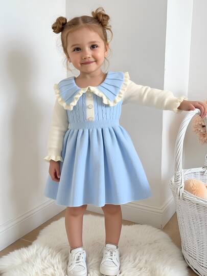 Souflis Souflis Baby Girls' Sweet Knit Dresses,Cute Ruffled Collar Long-Sleeve Princess Sweater Dress,Light Blue And White Autumn Winter Clothes,Matching Family