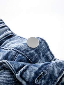 Tween Girl) New Casual Fashion Minimalist Versatile All-Season Mid-Blue Washed Denim Classic 5-Pocket Cotton Loose Soft Straight Leg Wide Leg Jeans, Suitable For Daily Wear And Vacation - Medium Wash - View 5