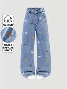 Tween Girl) New Casual Fashion Minimalist Versatile All-Season Mid-Blue Washed Denim Classic 5-Pocket Cotton Loose Soft Straight Leg Wide Leg Jeans, Suitable For Daily Wear And Vacation - Medium Wash - View 3