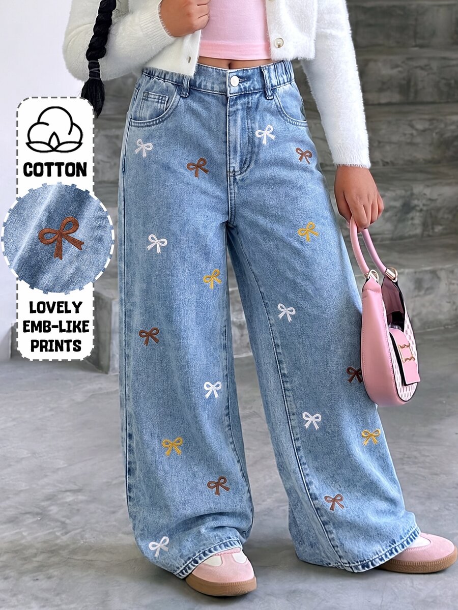 Tween Girl) New Casual Fashion Minimalist Versatile All-Season Mid-Blue Washed Denim Classic 5-Pocket Cotton Loose Soft Straight Leg Wide Leg Jeans, Suitable For Daily Wear And Vacation - Medium Wash - View 1