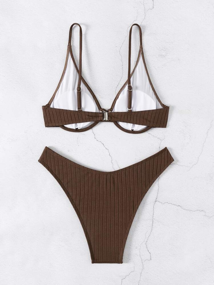 Swim Basics Summer Beach Solid Color Two-Piece Bikini Set Bathing Suit - Coffee Brown - View 2