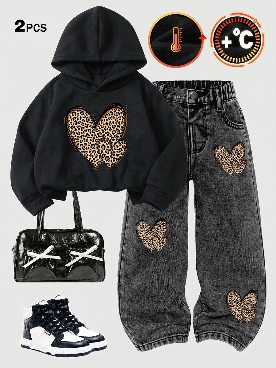 Girls Fleece 2pcs Set - Leopard Heart Print Hooded Sweatshirt And Matching Snowflake Wash Wide Leg Jeans Winter Outfit - Multicolor - View 1