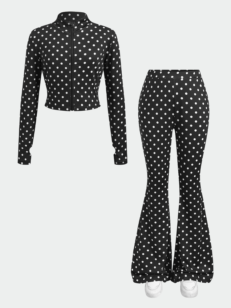 SHEIN Tween Girl Tween Girl Tween Girl Sports Casual Daily Knit Black White Polka Dot Print Jacket And Flared Long Pants 2Pcs Set Sports Outfits - Black - View 2