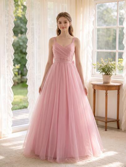 Gaun Formal Pink untuk Remaja Perempuan, Gaun Tank Top Chiffon dengan Tali Bahu Tipis, Kain Ringan dan Lembut, Cocok untuk Liburan, Wisuda, Kembali ke Sekolah, Musim Pernikahan, Berbagai Pesta Dansa dan Acara Formal