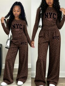 Tween女孩 NYC 炭灰色豹紋長袖上衣與寬腿褲套裝，時尚休閒穿搭，秋冬款 (2件組) - 彩色 - 查看 1