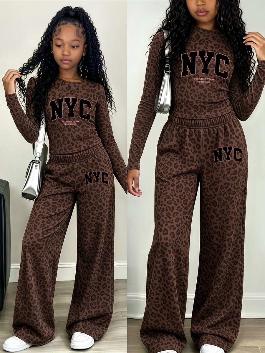 Tween女孩 NYC 炭灰色豹紋長袖上衣與寬腿褲套裝,時尚休閒穿搭,秋冬款 (2件組) - 彩色 - 查看 1