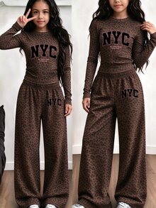 Tween女孩 NYC 炭灰色豹紋長袖上衣與寬腿褲套裝，時尚休閒穿搭，秋冬款 (2件組) - 彩色 - 查看 3